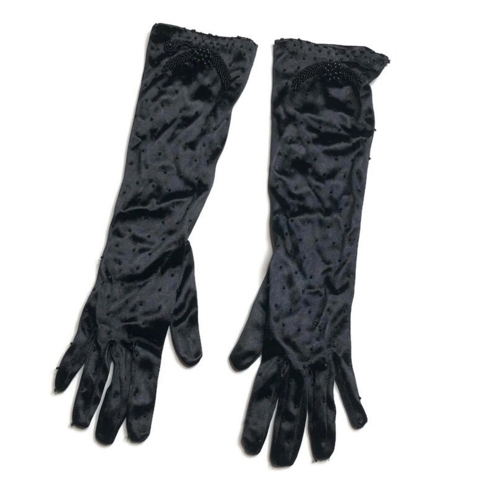 Vintage Black Long Gloves Beaded Opera 80s 90s - Picture 2 of 8